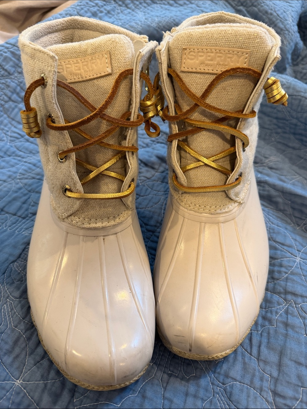 Sperry Women's Cream Duck Boots with gold and tan Laces